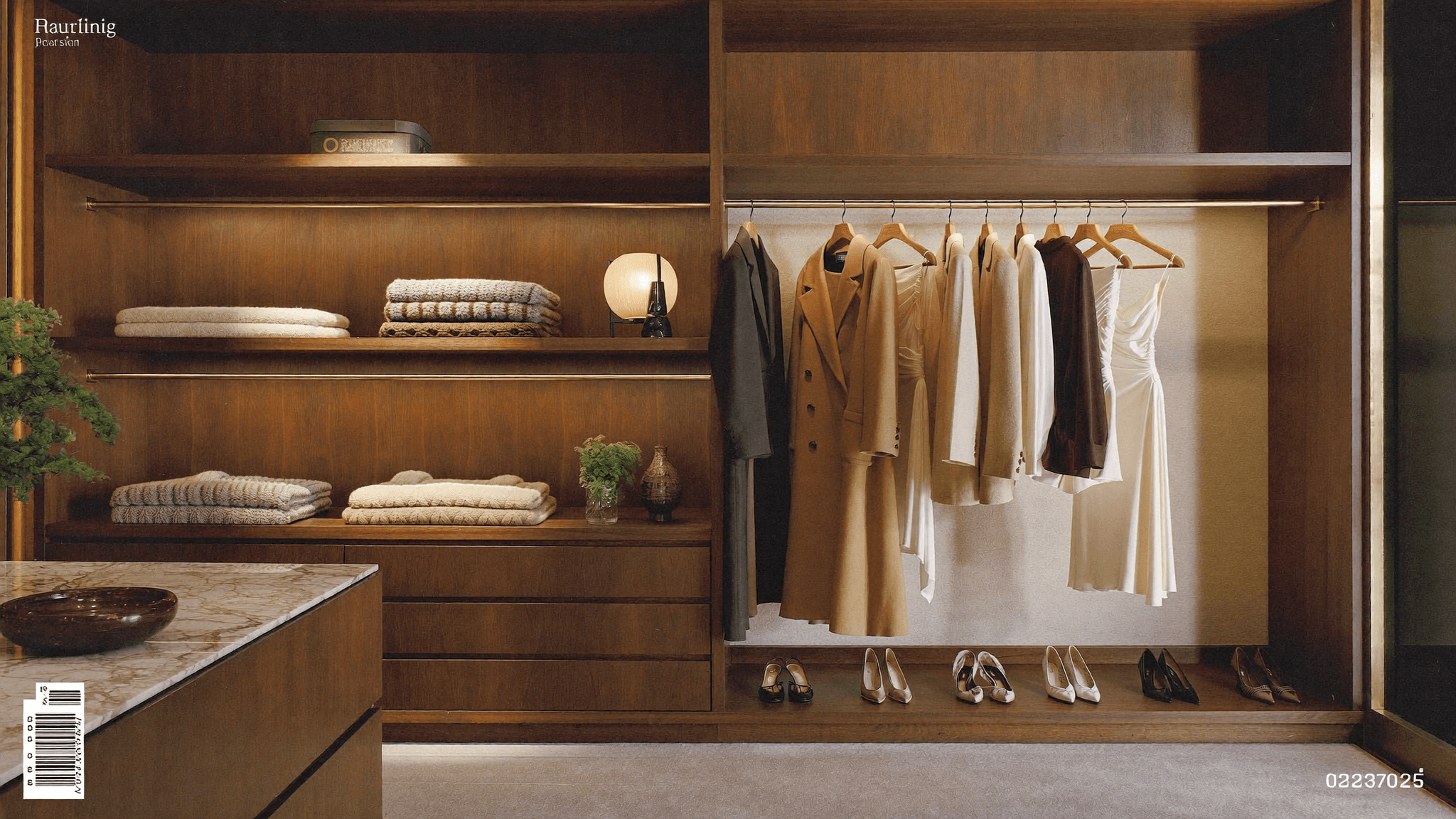 A warm walnut walk-in closet, garments on the rail and heels lined below