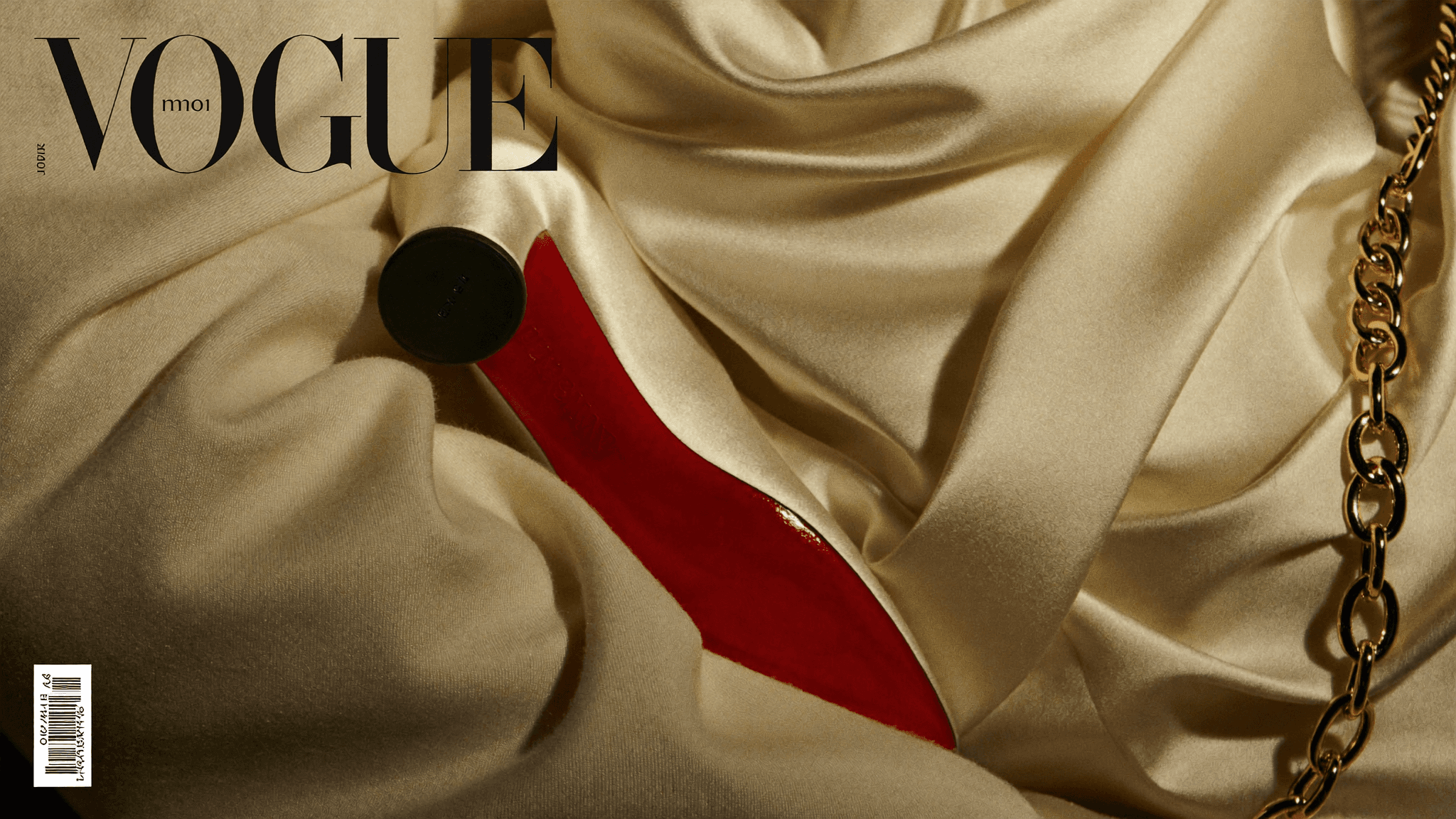 Champagne silk draped around a single red-soled heel and a gold chain