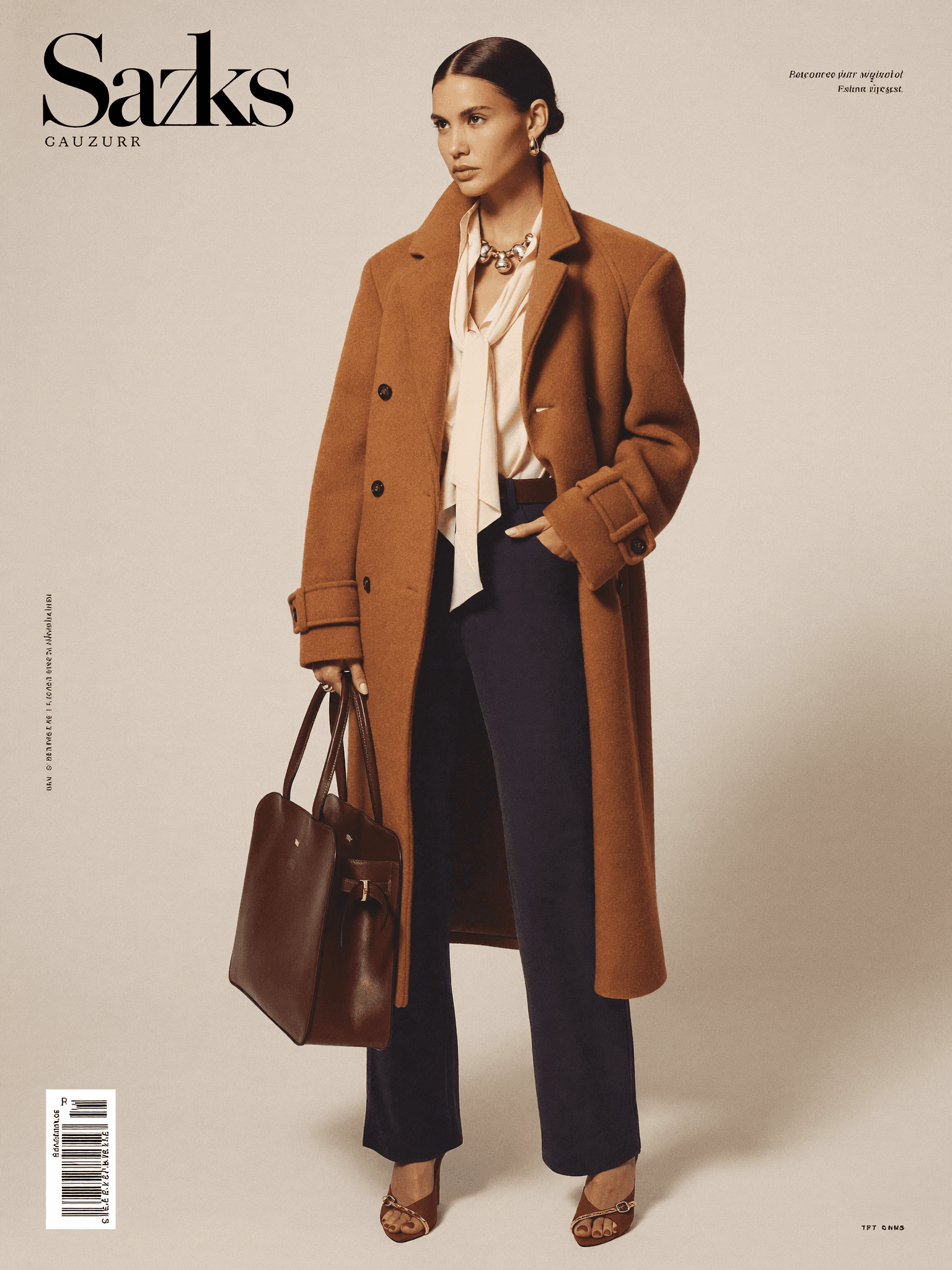 A complete Vestyla look — camel coat, ivory blouse, tailored trousers, red-sole heels