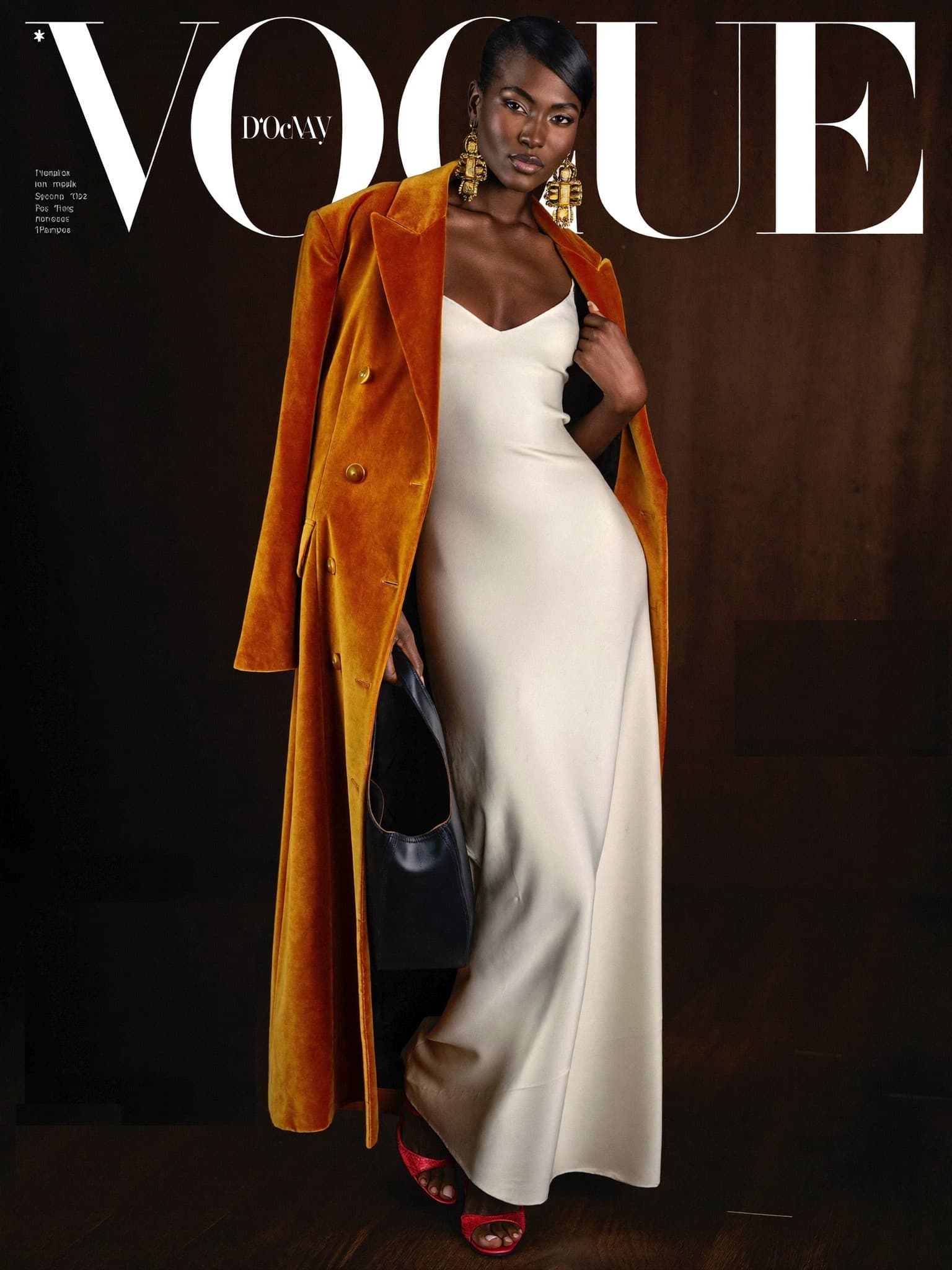 An ivory slip dress under a gold velvet coat with red heels